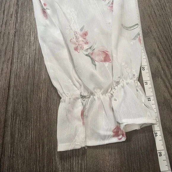 White Pink Floral Button-Up Blouse with Mandarin Collar Size Large - Cottagecore - Picture 8 of 11